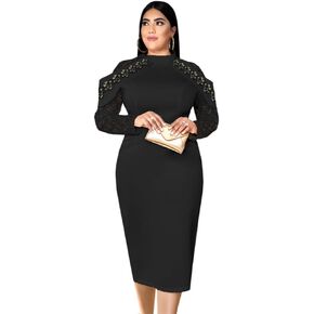 ONTINVA Sexy Elegant Plus Size Turtleneck Lace Long Sleeve Women Bodycon Midi Dress Party Evening Dresses