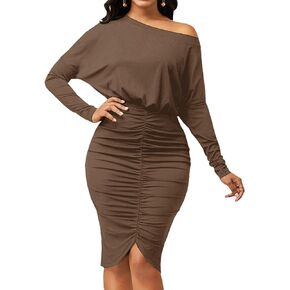 LYANER Women's Sexy Off Shoulder Ruched Elastic Waist Split Long Sleeve Bodycon Party Midi Dress