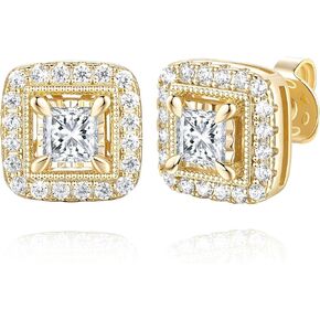 Gold Stud Earrings for Women 14K Gold Diamond Earrings Studs in Square Design Hypoallergenic Small Stud Earring for Women with Cubic Zirconia Gems 10.4mm