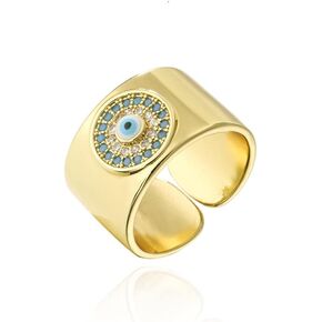 Round Blue Turkish Evil Eye Open Wide Band Rings for Women Girls Men Cubic Zirconia Gold Plated Dainty Statement Promise Adjustable Expandable Stackable Knuckles Finger Rings Stylish Crystal Jewelry