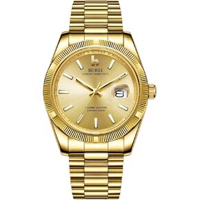 BUREI Mens Watches Luxury Analog Quartz Wristwatch Sapphire Crystal Dial with Calendar Display Stainless Steel Waterproof Watch