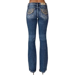 Miss Me Women's Mid-Rise Royal Emblem Embellished Pocket Slim Boot Jeans