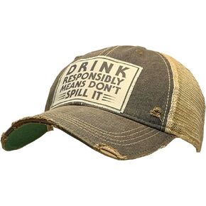 VINTAGE LIFE Drink Responsibly Means Don't Spill It Distressed Trucker Cap, One Size, Black, Cotton and Polyester, Headgear, Hat, Headwear