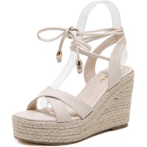 MAKEGSI Womens Jute-rope Middle Wedge Heel Summer Shoes Flip Sandals Lace Up in Kuwait
