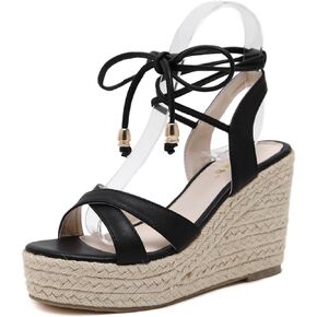 MAKEGSI Womens Jute-rope Middle Wedge Heel Summer Shoes Flip Sandals Lace Up