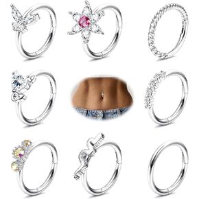 14G Belly Button Rings Hoop for Women Stainless Steel Belly Rings Hinged Seamless Clicker Navel Belly Rings Hoop CZ Butterfly Snake Belly Piercing Jewelry Gold Silver 10/12mm