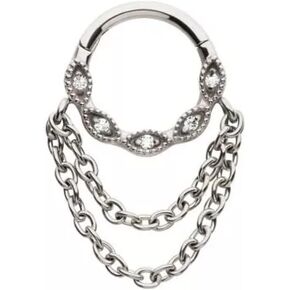 Pierced Owl 16GA 316L Stainless Steel Marquise Shaped CZ Crystal Lined Hoop with Double Dangling Chains Hinged Segment Ring