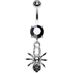 Pierced Owl 14GA Stainless Steel Black CZ Crystal Gothic Spider Dangling Belly Button Ring