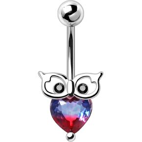 14GA 316L Stainless Steel Red and Blue Ombre Crystal Owl Belly Button Ring