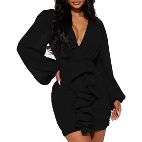 SHESEEWORLD Women's Sexy Ruffle Long Ballon Sleeve Deep V Neck Cut Out Backless Ruched Chiffon Mini Dress