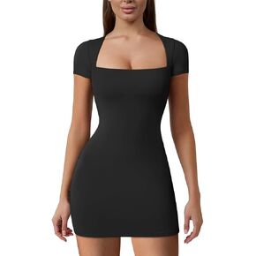 HYZ Women's Sexy Bodycon Short Sleeve Square Neck Birthday Party Stretchy Mini Dress