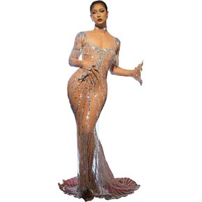 Fashion See Through Dress Sexy Mesh Rhinestones Sequin Dress Fringe Elegant Mermaid Party Birthday Drag Queen Festival Outfit Sliver, One Size