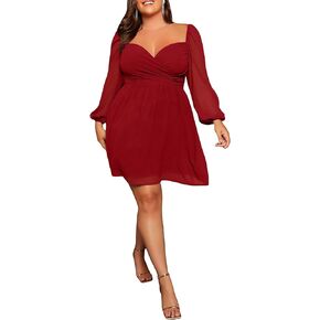 WDIRARA Women's Plus Size Sweetheart Neck Bishop Long Sleeve Wrap Flared A Line Dress