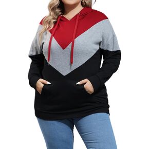 YOXUA سترة نسائية بغطاء للرأس بمقاس كبير، أكمام طويلة، بلوفر ملون برباط، قمصان وبلوزات مع جيب XL-5XL in Kuwait