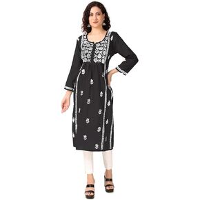 ladyline Womens Nyra Cut Lakhnavi Handwork Kurti Kurta Tunic 100% Cotton Top Boho Flaired