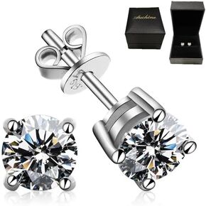 Moissanite Stud Earrings, Brilliant Round Cut 1ct VVS1 DEF 18K White Gold Plated 925 Silver 4-Prong Push-Back for Men Women