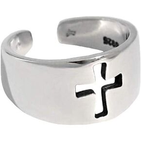 Vintage Cross Sterling Silver Open Statement Ring for Women Girls Men Adjustable Faith Tail Knuckle Wrap Rings Nickel Free Christmas Easter Memorial Jewelry Gift for Prayer Friends