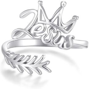Jesus Ring,Jesus and Crown Rings,S925 Sterling Silver Adjustable Faith King of Kings Jesus Inspiring Christian Ring Faithful Christian Band Ring for Women Girls