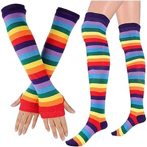 ccHuDE 2 Pcs Cotton Arm Warmers Socks Rainbow Thigh High Socks Colorful Fingerless Gloves Long Striped Socks Multicolor