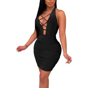 Antopmen Women Summer V Neck Sleeveless Front Lace Up Backless Ruched Bodycon Mini Club Dress