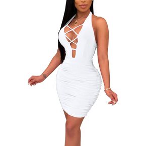Antopmen Women Summer V Neck Sleeveless Front Lace Up Backless Ruched Bodycon Mini Club Dress