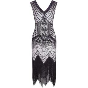 Vijiv Women 1920s Gastby Sequin Art Nouveau Embellished Fringed Flapper Dress in Kuwait