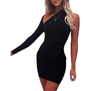 فستان xxxiticat النسائي الرسمي بكتف واحد وأكمام طويلة Bodycon غير متماثل مكشكش ومكشكش ومطوي ومفرغ