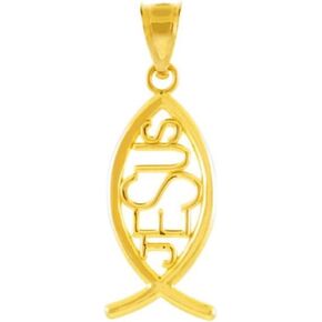 14k Yellow Gold Vertical Jesus Ichthus Charm Christian Fish Pendant
