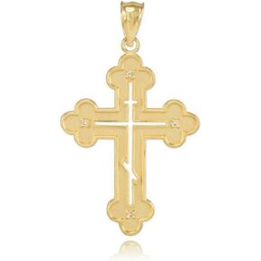 14k Yellow Gold Diamond Pendant Eastern Orthodox Cross Charm Pendant