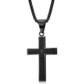 Chunky Bible Verses Crucifix Cross Faith Pendant Necklace for Men Women Boys Prayers Inspirational Jesus Memorial Statement Stainless Steel Box Chain Necklace Father Boyfriend Son Xmas New Year Gifts 23.6"