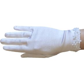 Girl's Satin Gloves with flowers across the wrist with pearl centres