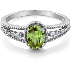 Gem Stone King 925 Sterling Silver Green Peridot and White Topaz Engagement Ring For Women (1.01 Cttw, Gemstone Birthstone, Available in size 5, 6, 7, 8, 9)