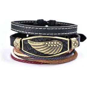 3pcs Punk Angel Wing Woven Ethnic Tribal Rope Leather Surfer Bracelet for Men Women Real Leather Braided Cuff Wrap Wristband Adjustable String Wave Biker Black Male Son BFF Bracelets Gifts in Kuwait