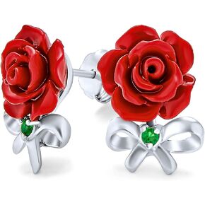 Romantic Delicate Bow Floral Blooming Spring Garden Flower CZ Green CZ Leaf 3D Carved Red Rose Stud Earrings Cuff Bracelet For Women Teen .925 Sterling Silver