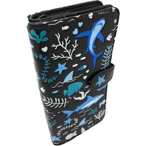 Shag Wear Large Shark Pattern Women's BiFold Wallet Black Vegan Leather 7" …