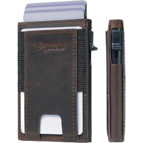 محفظة رفيعة لحامل بطاقات الائتمان للرجال والنساء - محافظ رجالية صغيرة الحجم تحجب RFID - حافظة بطاقات معدنية بجيب أمامي من الجلد الرقيق مع صندوق هدايا (بني داكن) in Kuwait