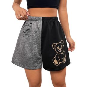GORGLITTER Women's Bear Graphic Print Sweat Shorts Two Tone Drawstring Waist Running Track Shorts