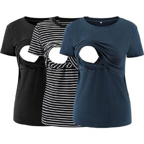 Liu & Qu Women's Maternity Nursing Tops Rib Short Sleeve Breastfeeding Shirts Maternity Clothes 3-Pack