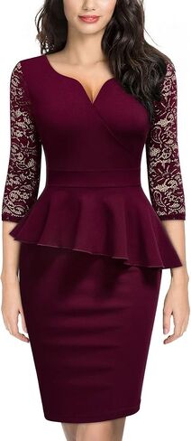 فستان نسائي قصير من Miusol برقبة على شكل حرف V ومكشكش من الدانتيل وأكمام 2/3 in Kuwait