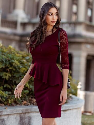 فستان نسائي قصير من Miusol برقبة على شكل حرف V ومكشكش من الدانتيل وأكمام 2/3 in Kuwait