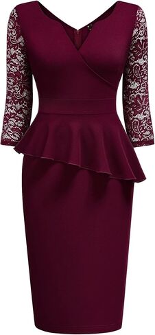 فستان نسائي قصير من Miusol برقبة على شكل حرف V ومكشكش من الدانتيل وأكمام 2/3 in Kuwait