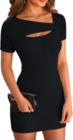 VICHYIE Womens Summer Dresses Cutout One Piece Ribbed Bodycon Mini Short Sleeve Casual Slim Fitted Pencil Dresses in Kuwait