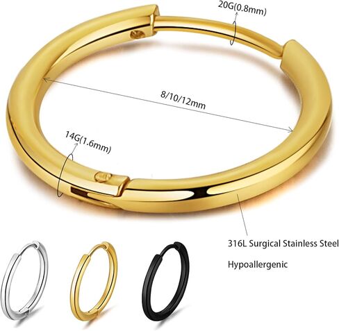 مجموعة أقراط صغيرة من الفولاذ الجراحي للنساء والرجال، حلقات حلزونية غضروفية مفصلية، أقراط نائمة، حلقة الأنف، حلقة الحاجز، حلقة حلزونية، حلقة دايث، حلقة الشفاه، حلقة الحلمة، حلقة دائرية، حلقة روك، مجوهرات ثقب الجسم 20 جرام 8/10/12 مم in Kuwait