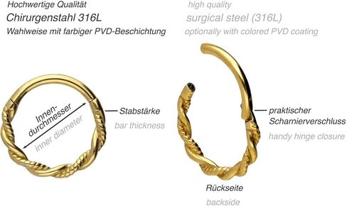 PIERCINGLINE Segment Ring Clicker double twisted made of surgical steel - Piercing for nose, septum, ear, helix or tragus - stylish colors and sizes in Saudi Arabia