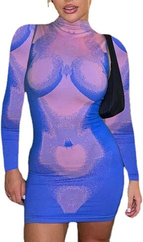 المرأة طويلة الأكمام ثلاثية الأبعاد الجسم مطبوعة Bodycon ميدي فستان قصير شتاء جديد مساء مثير نادي الحفلات فساتين لحضور الحفلات الموسيقية Vestidos in Kuwait