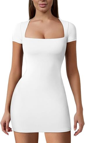 HYZ Women's Sexy Bodycon Short Sleeve Square Neck Birthday Party Stretchy Mini Dress in Saudi Arabia