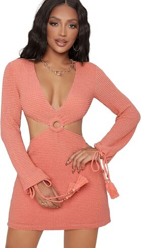 SweatyRocks Women's Long Sleeve Drawstring Cuff Cutout Ring Bodycon Mini Dress in Saudi Arabia