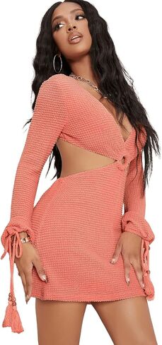 SweatyRocks Women's Long Sleeve Drawstring Cuff Cutout Ring Bodycon Mini Dress in Saudi Arabia