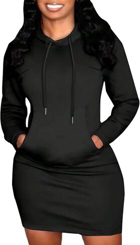 Women's Drawstring Hooded Bodycon Dress Long Sleeve Kangaroo Pocket Long Tall Sweatshirt Dresses in Saudi Arabia