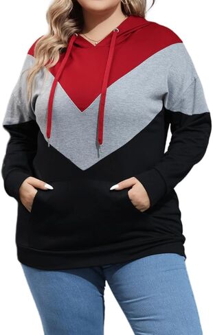 YOXUA سترة نسائية بغطاء للرأس بمقاس كبير، أكمام طويلة، بلوفر ملون برباط، قمصان وبلوزات مع جيب XL-5XL in Kuwait